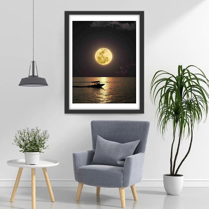 Silhouet van Bootje op de Glimmende Zee Diamond Painting