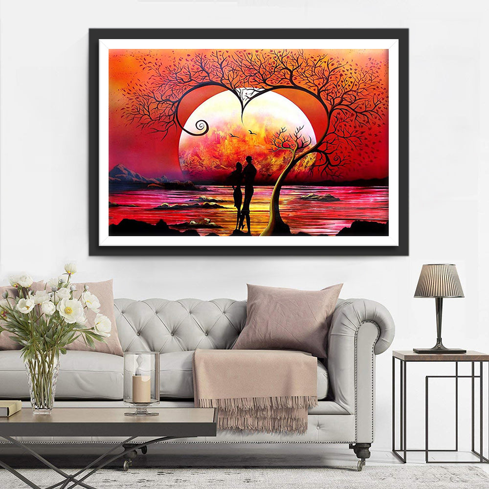 Silhouetten van Mensen en Bomen tegen de Ondergaande Zon Diamond Painting