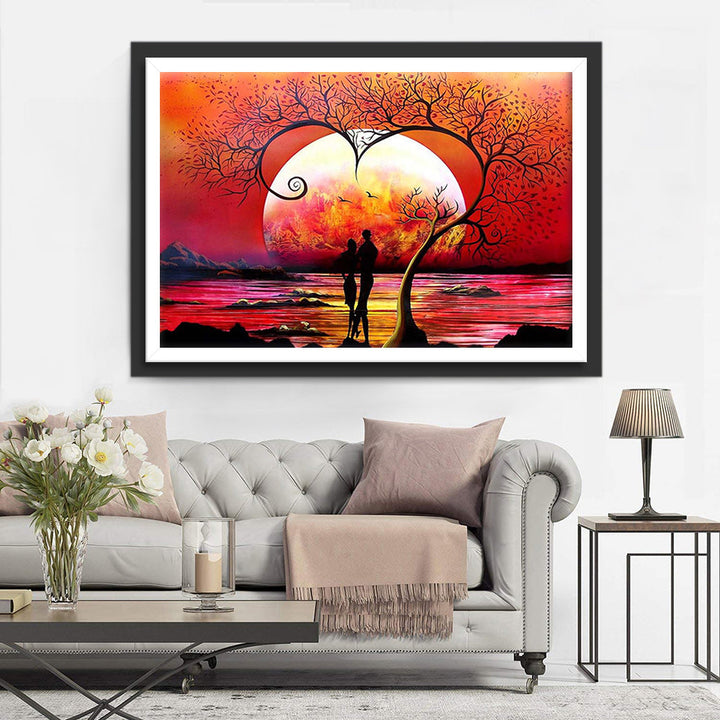 Silhouetten van Mensen en Bomen tegen de Ondergaande Zon Diamond Painting