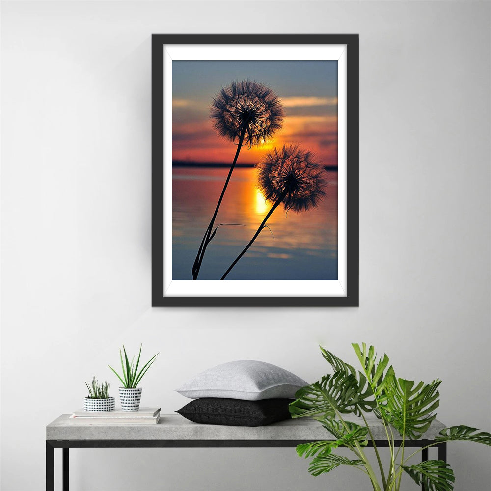 Silhouetten van Paardenbloemen bij Zonsondergang Diamond Painting