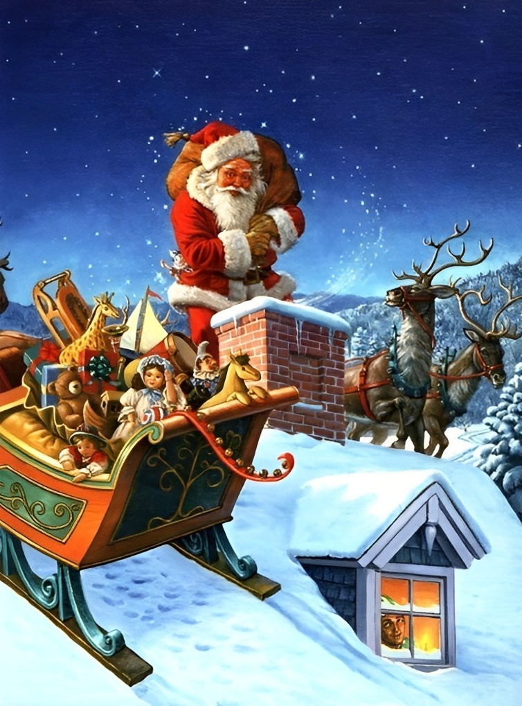 Sint en de Rendieren op de Sneeuwslee in de Sterrennacht Diamond Painting