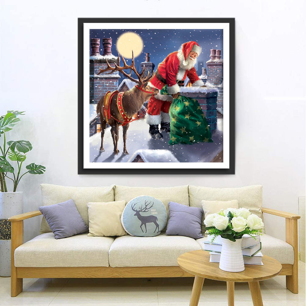 Sint en het Rendier op het Dak Diamond Painting