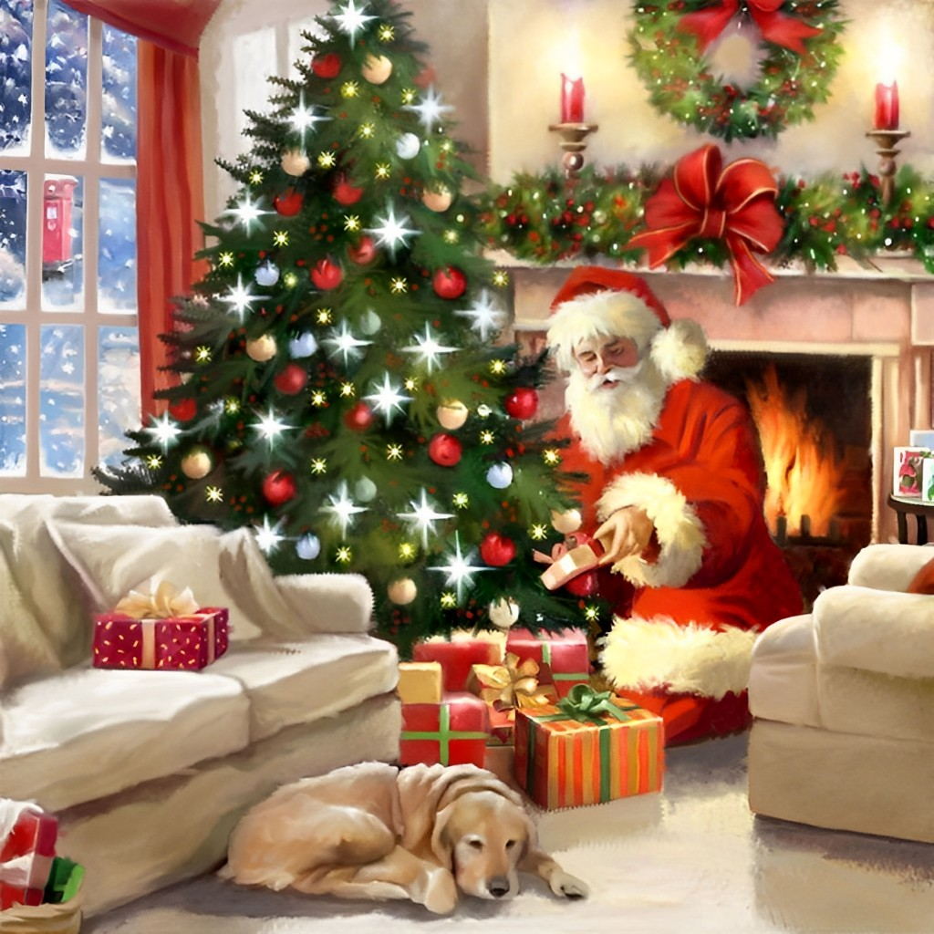 Sinterklaas en Hond in Gezellig Woonkamertabereel Diamond Painting