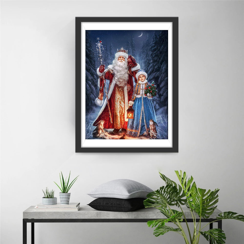 Sinterklaas en Meisje in Sneeuwbos bij Maanlicht Diamond Painting