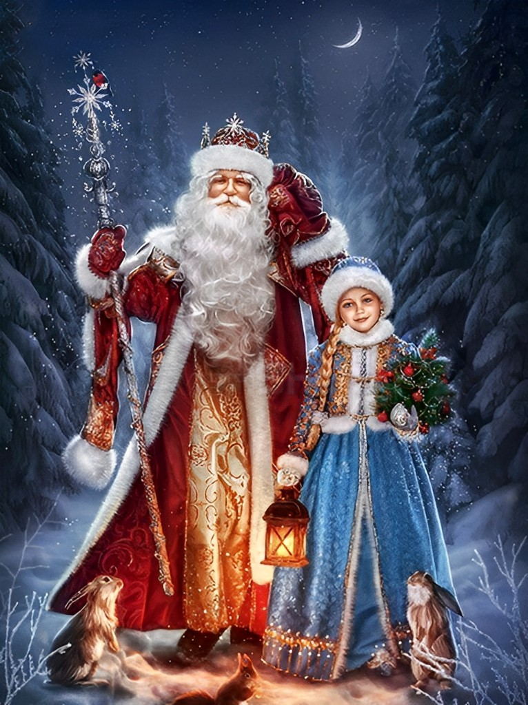 Sinterklaas en Meisje in Sneeuwbos bij Maanlicht Diamond Painting