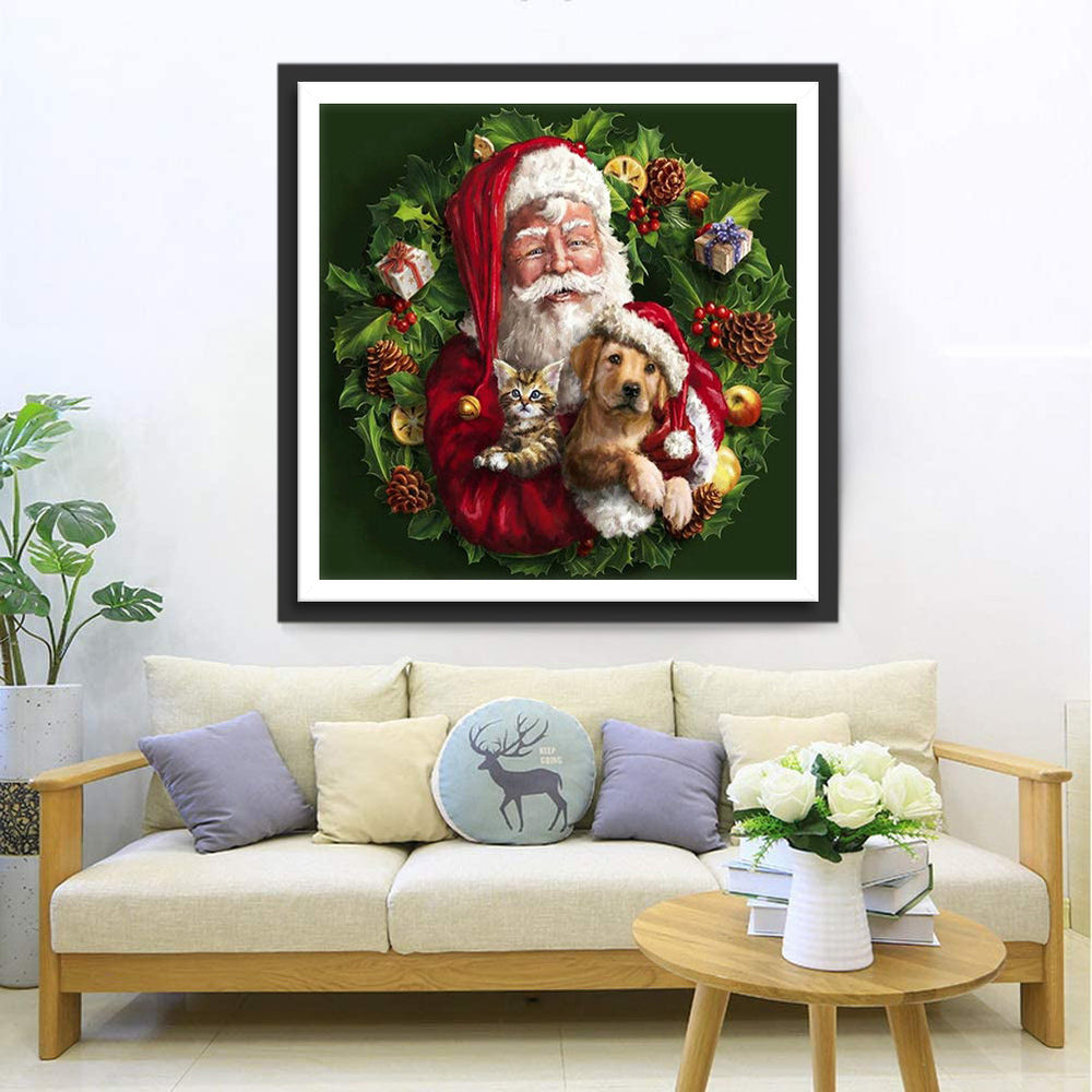 Sinterklaas met Kat en Hond in de Kerstkrans Diamond Painting