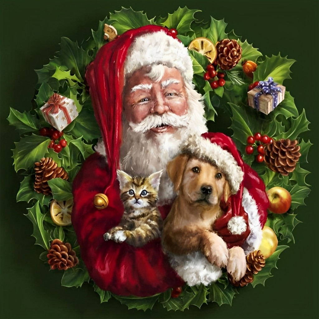 Sinterklaas met Kat en Hond in de Kerstkrans Diamond Painting