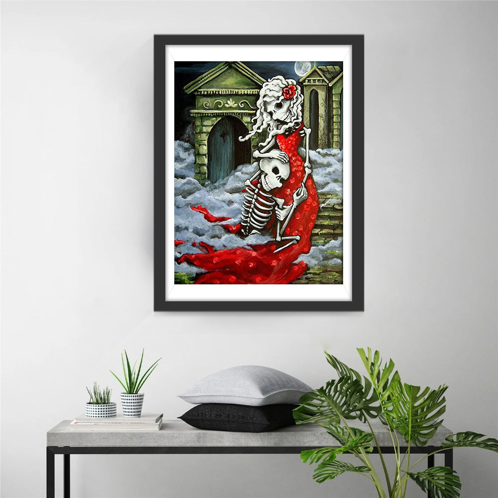 Skeletvrouw in Rode Jurk met Doodskopkind in de Wolken Diamond Painting