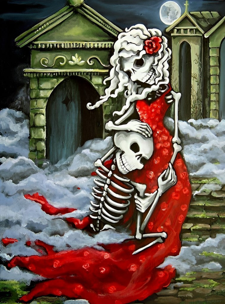 Skeletvrouw in Rode Jurk met Doodskopkind in de Wolken Diamond Painting