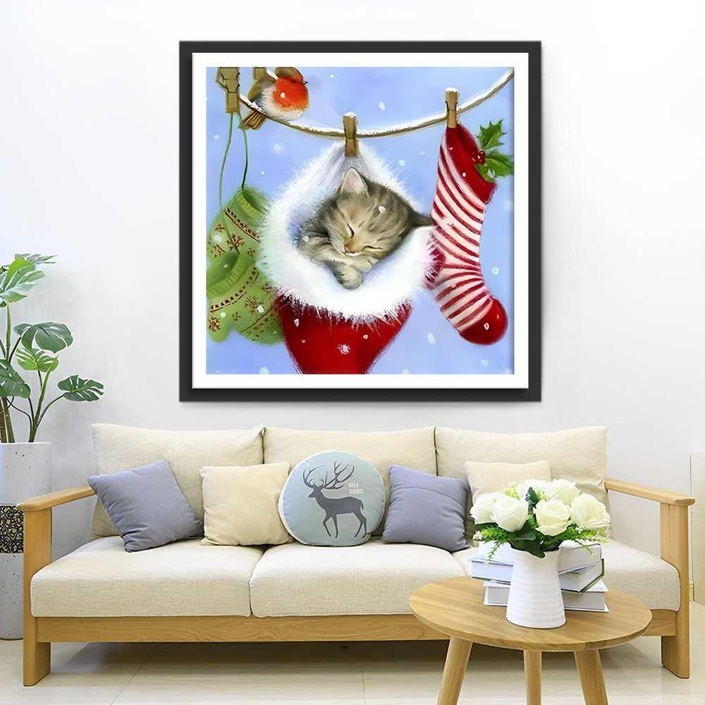 Slapend Katje in de Sok Diamond Painting