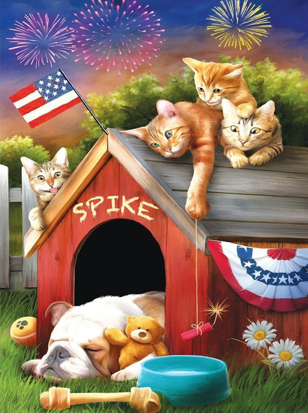 Slapende Hond en Katten in Kennel Diamond Painting