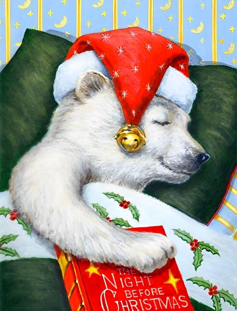 Slapende Ijsbeer met Kerstmuts Diamond Painting
