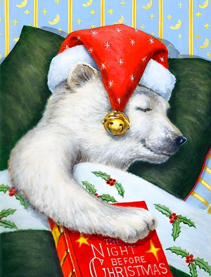 Slapende Ijsbeer met Kerstmuts Diamond Painting