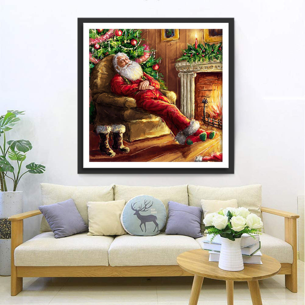 Slapende Kerstman bij Kerstboom Diamond Painting