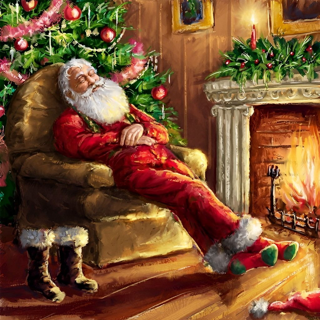 Slapende Kerstman bij Kerstboom Diamond Painting