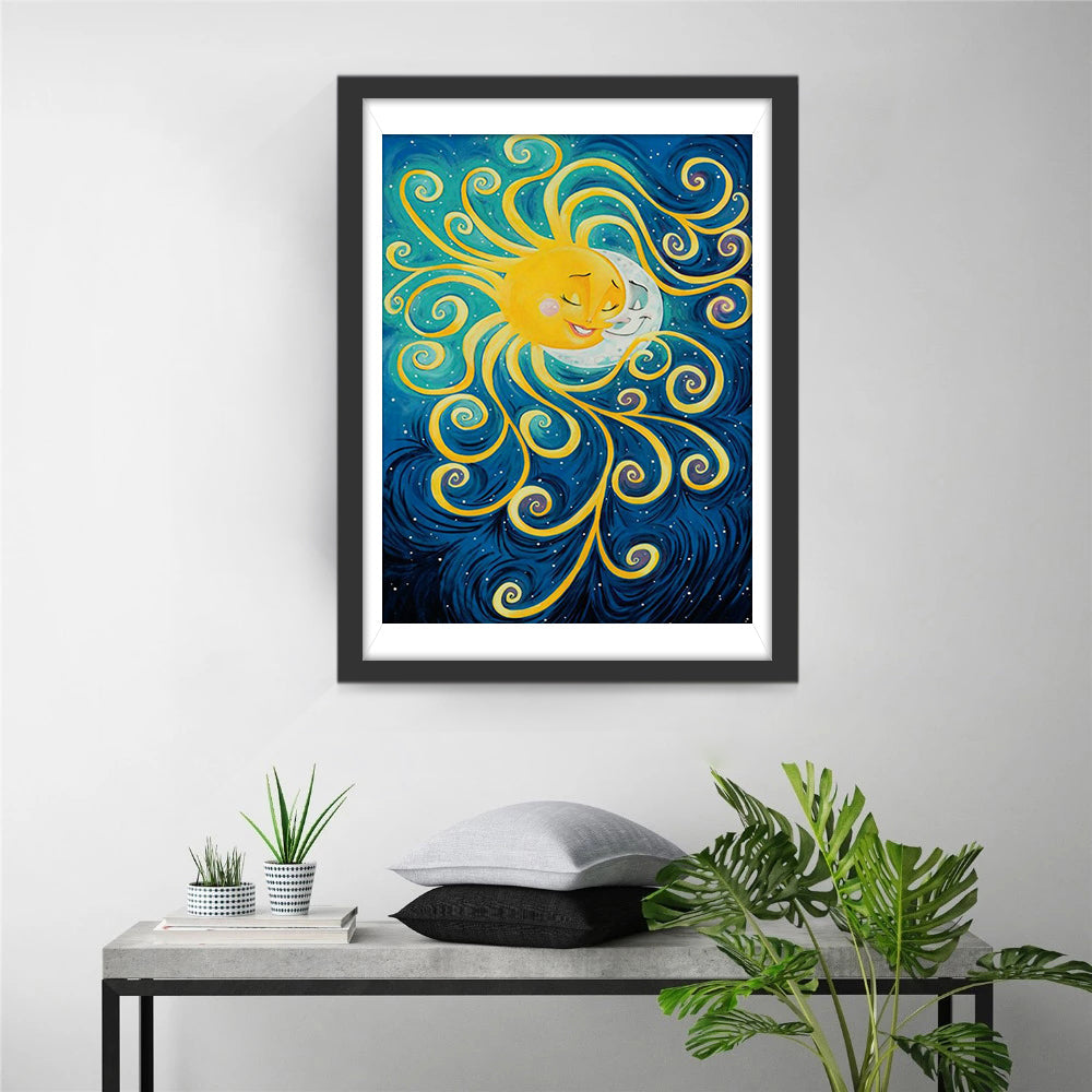 Slapende Maan en Stralende Zon in Spiraaldans Diamond Painting