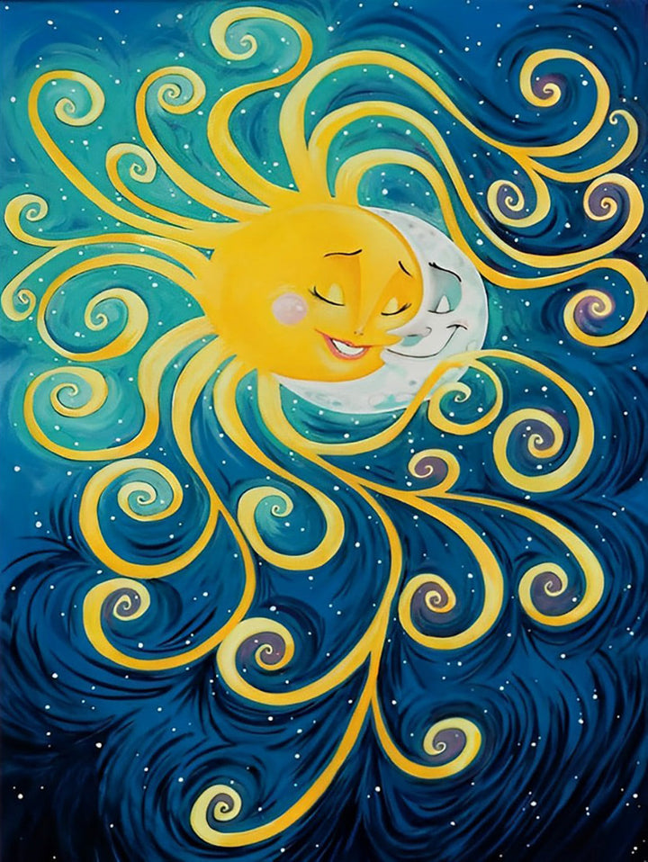 Slapende Maan en Stralende Zon in Spiraaldans Diamond Painting