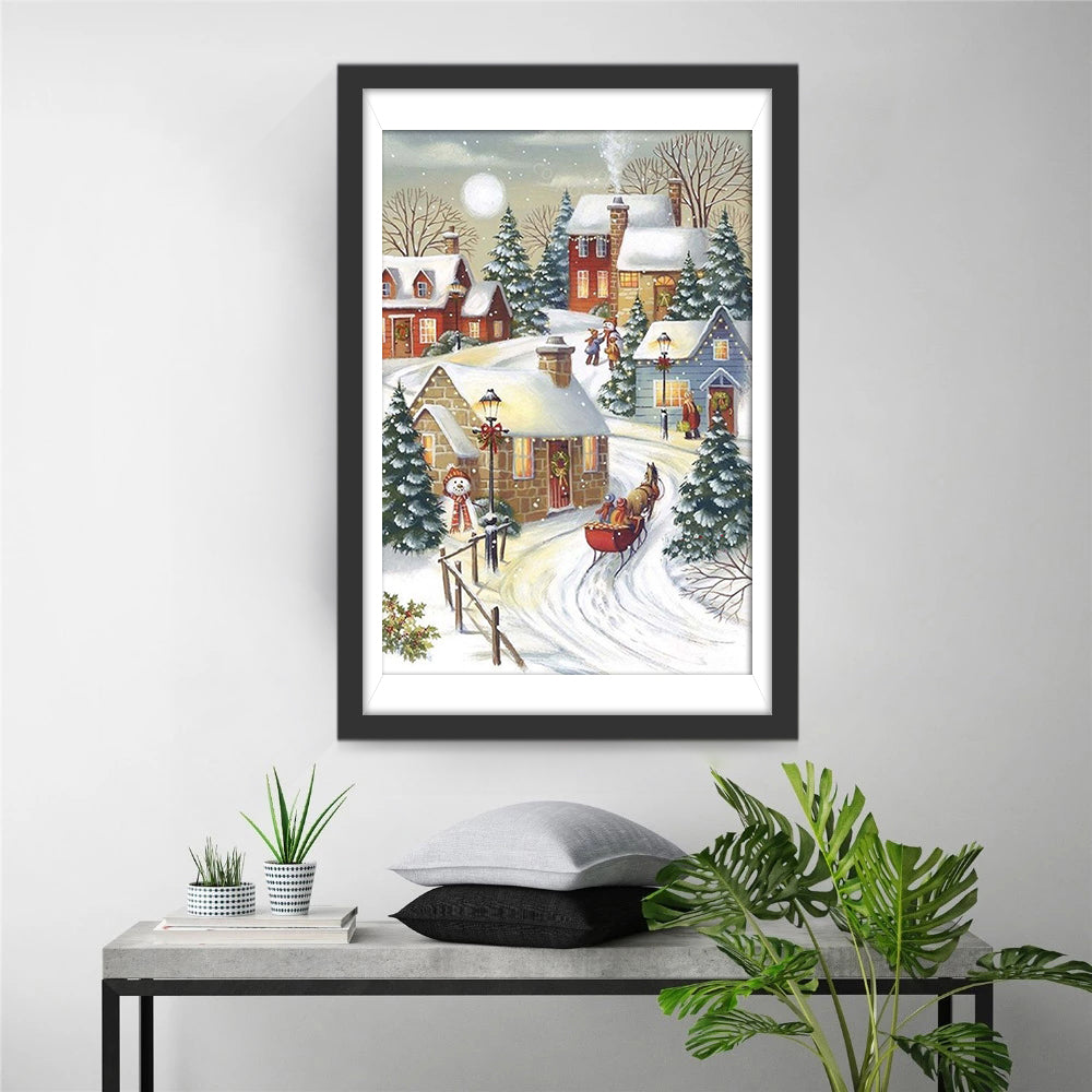 Slee en Sneeuwpop in het Sneeuwbedekte Dorp Diamond Painting