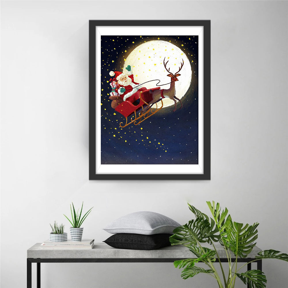 Slee van Kerstman met Rendier in Maanlicht Diamond Painting