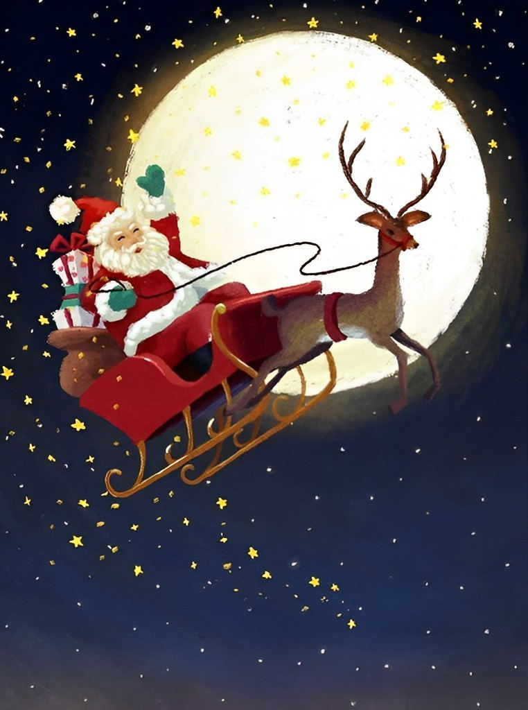 Slee van Kerstman met Rendier in Maanlicht Diamond Painting