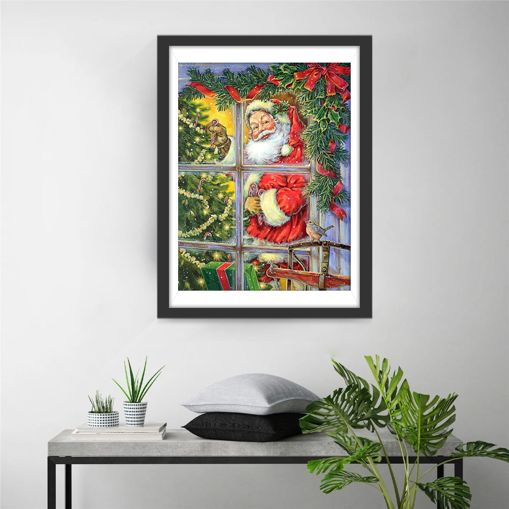 Sneeuw Buiten Venster, Kerstman en Kerstversiering Binnen Diamond Painting