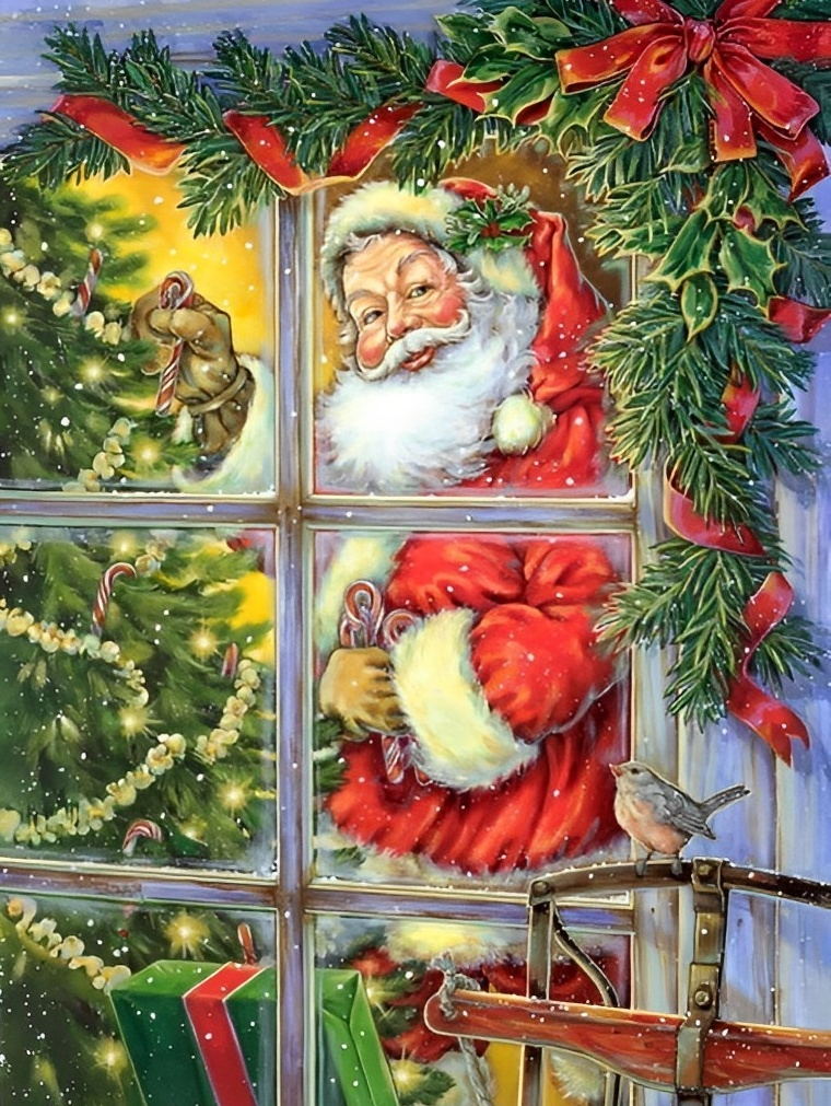 Sneeuw Buiten Venster, Kerstman en Kerstversiering Binnen Diamond Painting