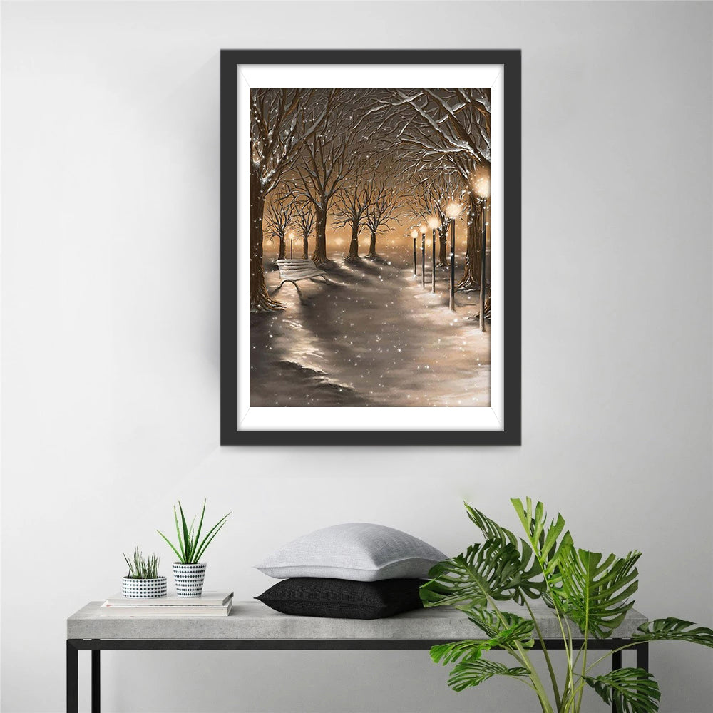 Sneeuwbedekt Parkpad met Lichtpalen Diamond Painting
