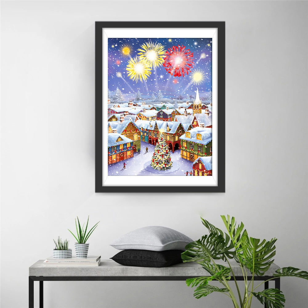 Sneeuwdorp, Kerstboom en Kleurrijk Vuurwerk Diamond Painting