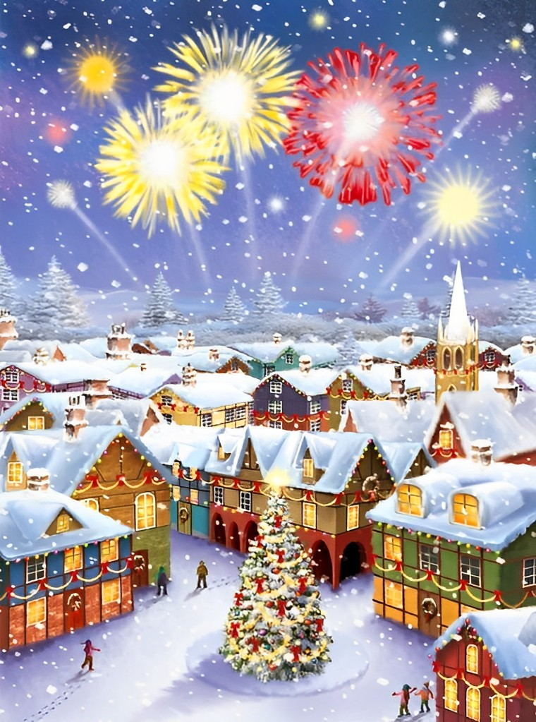 Sneeuwdorp, Kerstboom en Kleurrijk Vuurwerk Diamond Painting