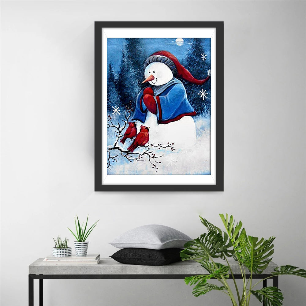 Sneeuwman Deligt met Rode Vinken in de Sneeuw Diamond Painting