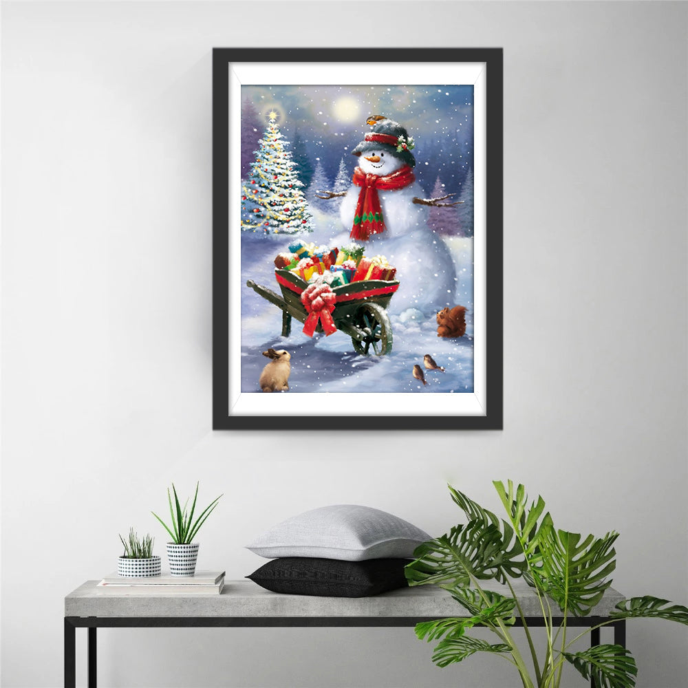 Sneeuwman en Volle Kar met Cadeaus onder Sneeuw Diamond Painting