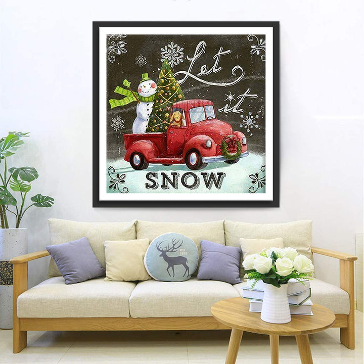 Sneeuwman, Kerstboom en Rode Pick-up Diamond Painting