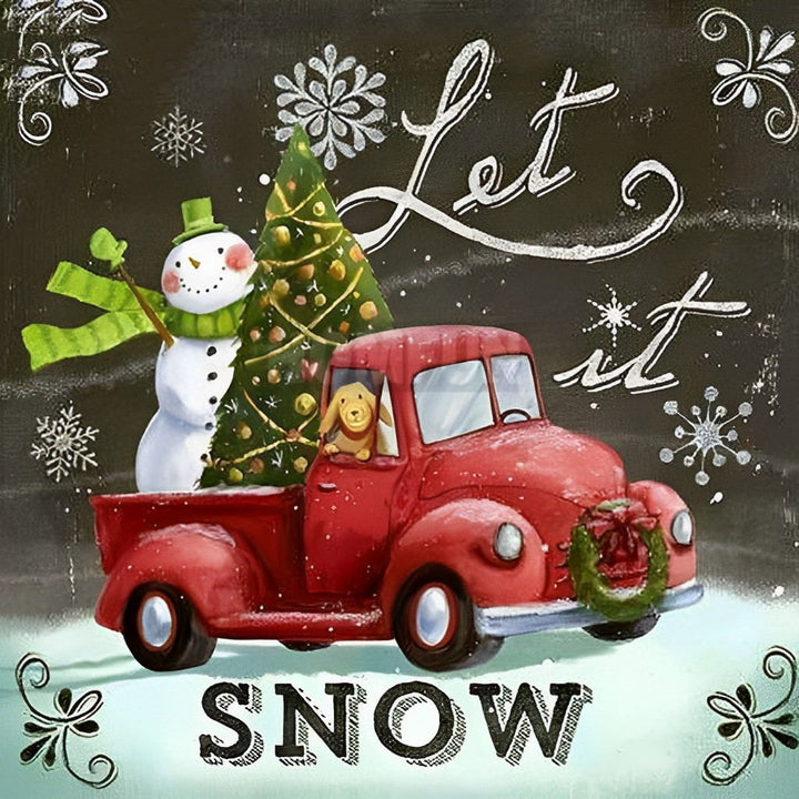 Sneeuwman, Kerstboom en Rode Pick-up Diamond Painting