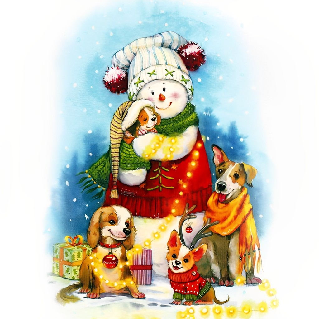 Sneeuwman Omringd door Honden Diamond Painting