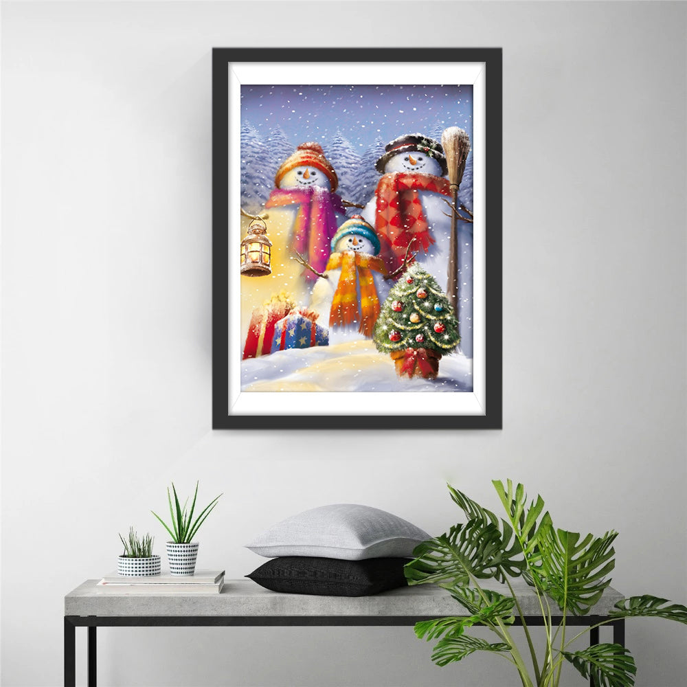 Sneeuwman, Vogels en Winterbloemen Diamond Painting