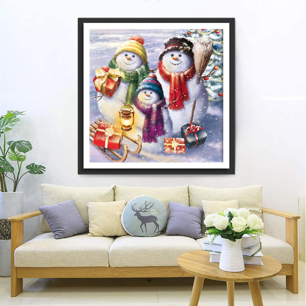 Sneeuwmannen met Cadeaus en een Lantaarn in de Sneeuw Diamond Painting