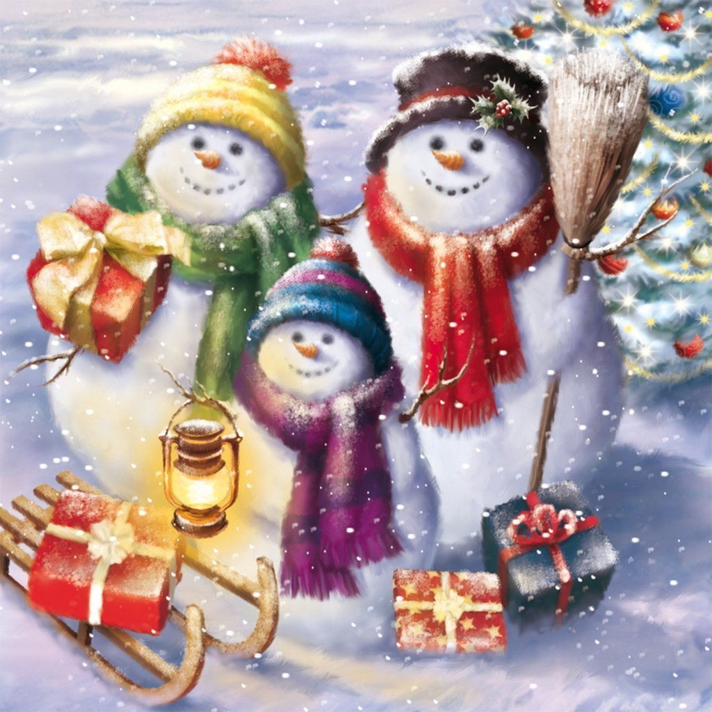 Sneeuwmannen met Cadeaus en een Lantaarn in de Sneeuw Diamond Painting