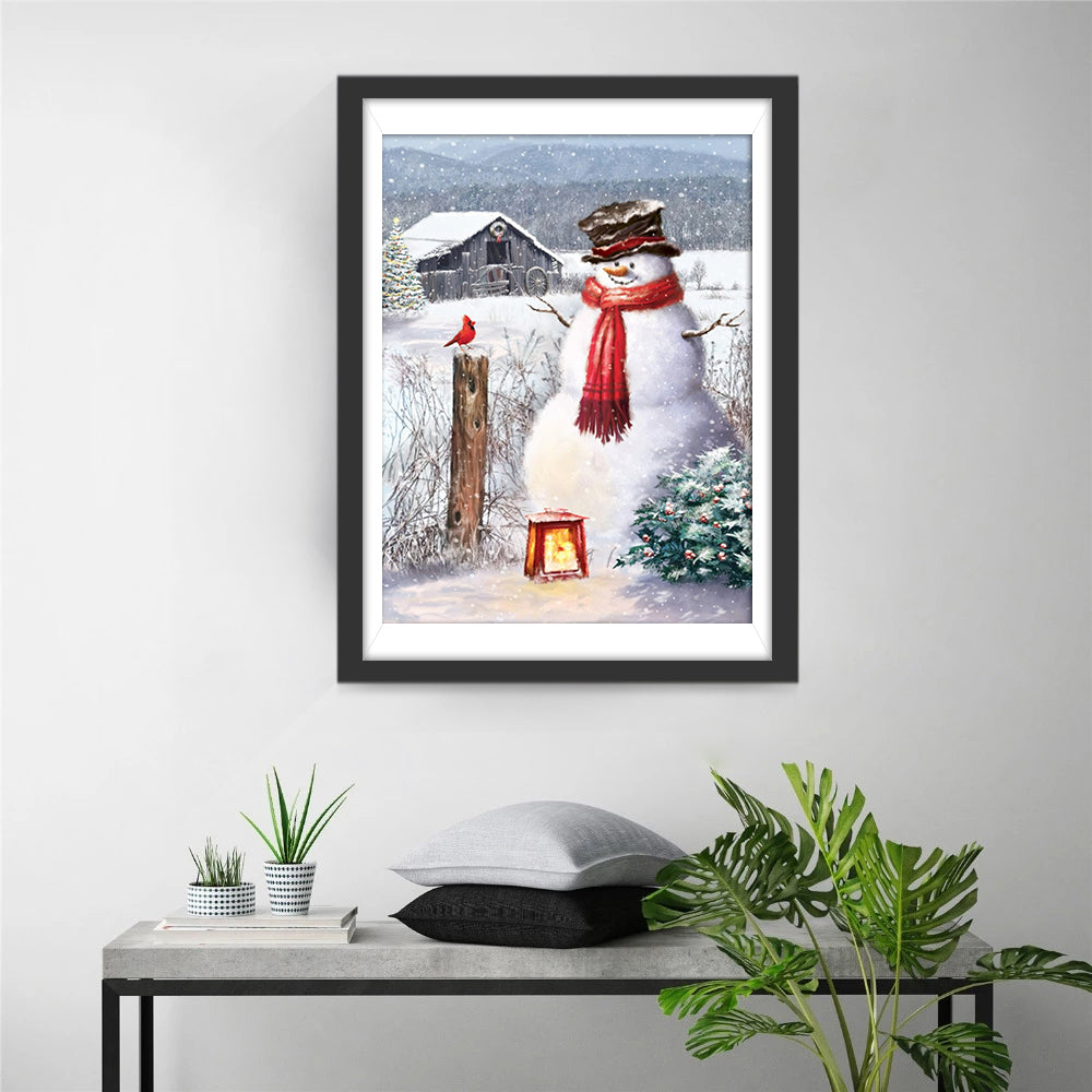 Sneeuwpop bij Glimmende Kaars in de Sneeuw Diamond Painting