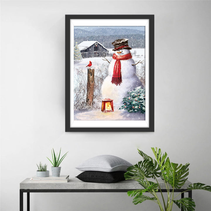 Sneeuwpop bij Glimmende Kaars in de Sneeuw Diamond Painting