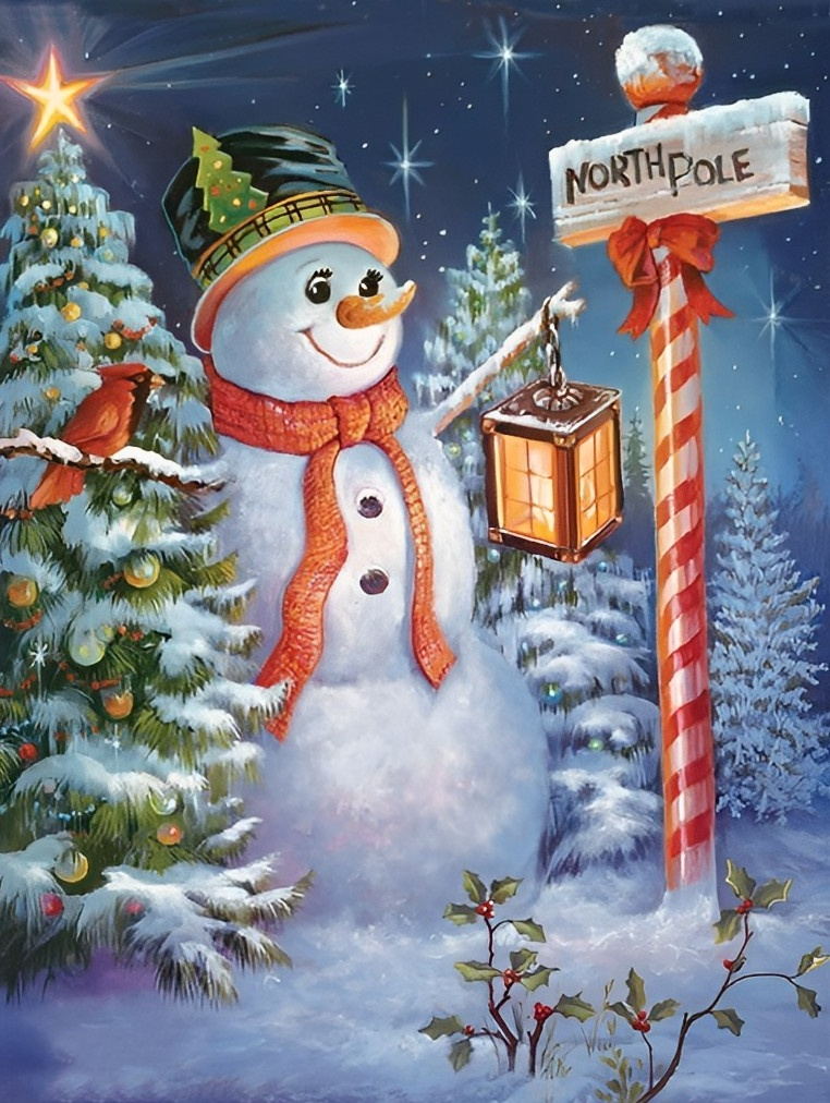Sneeuwpop bij Noordpoolbord met Kerstversiering Diamond Painting