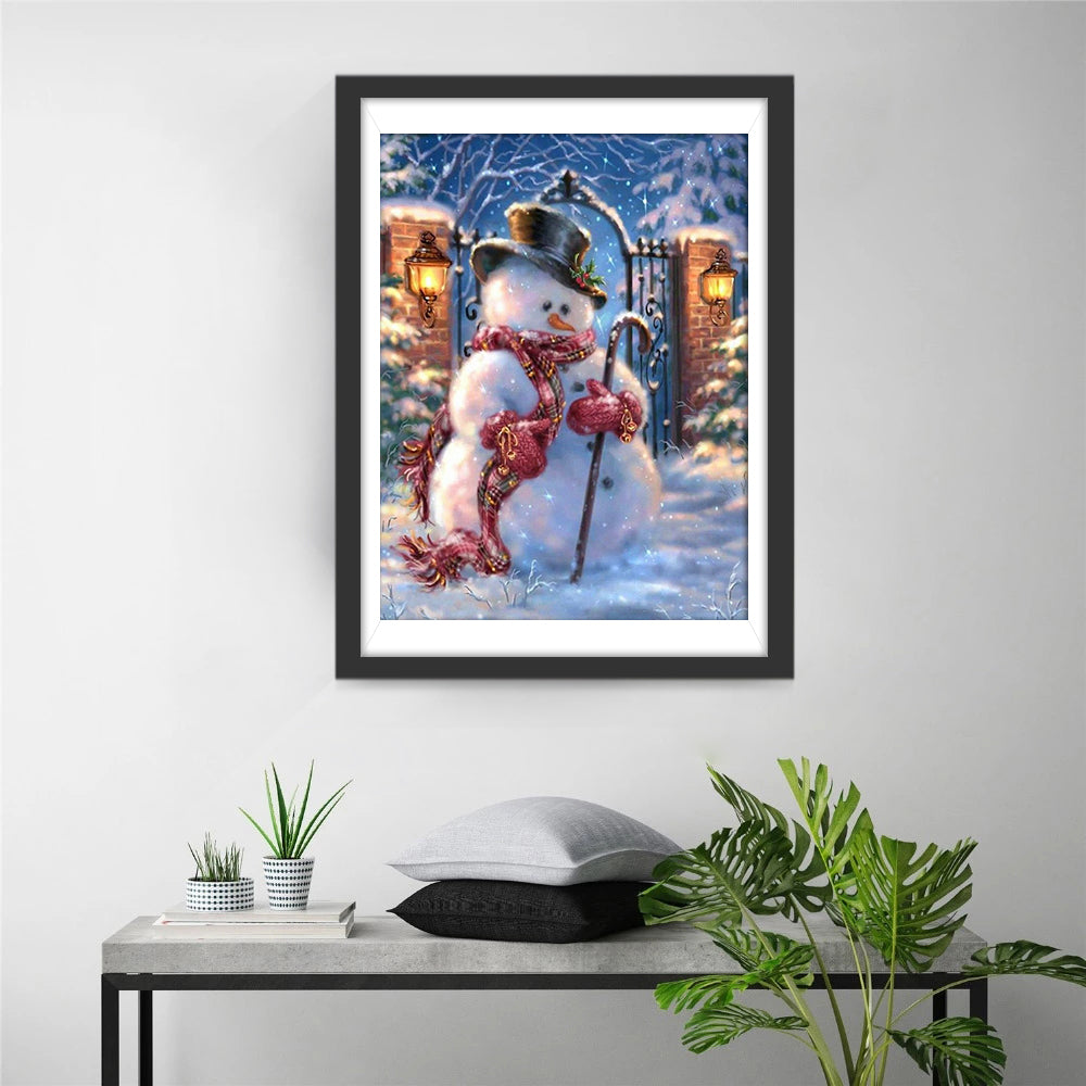 Sneeuwpop bij Poort in Sneeuw Diamond Painting
