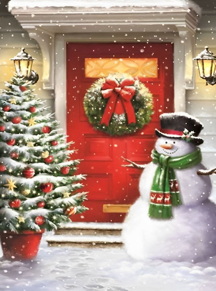 Sneeuwpop en Kerstboom bij Rode Deur Diamond Painting