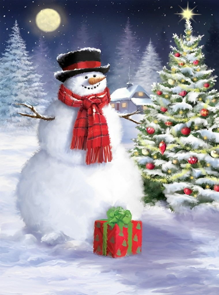 Sneeuwpop en Kerstboom in de Magische Kerstnacht Diamond Painting