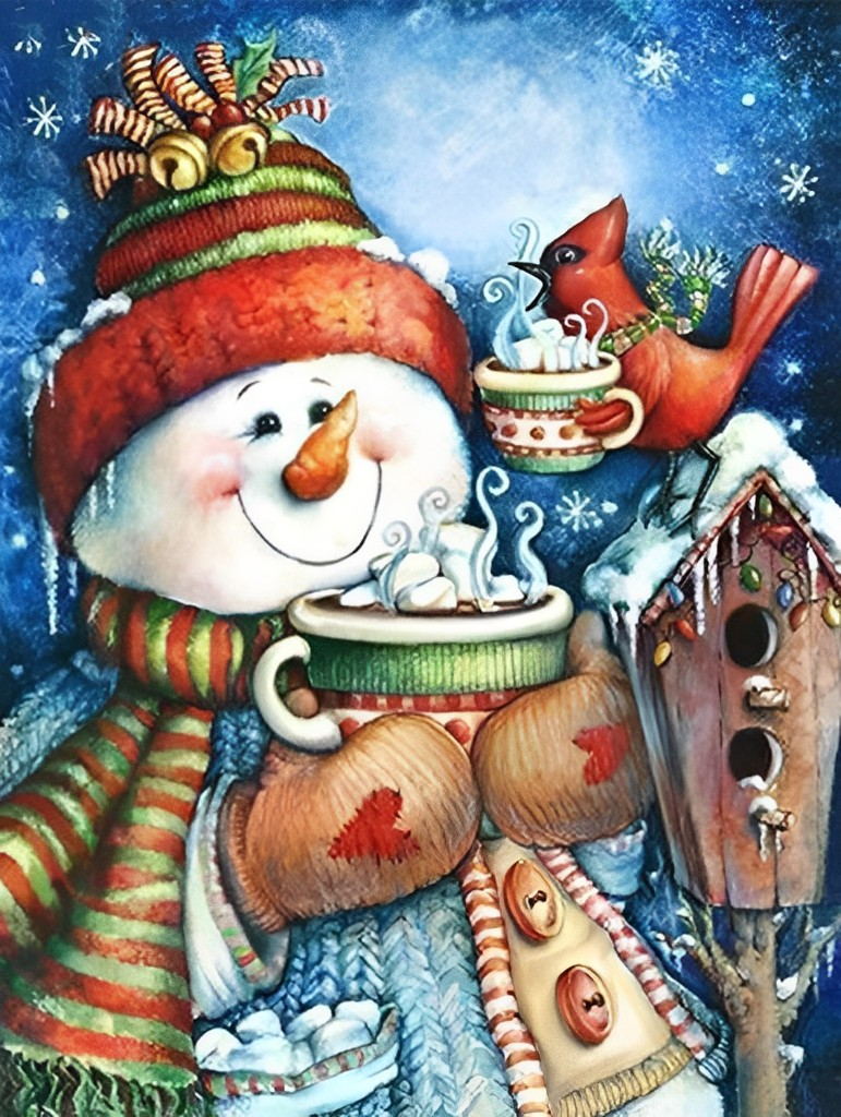 Sneeuwpop en Vogeltje met Warme Chocolademelk en Marshmallows Diamond Painting