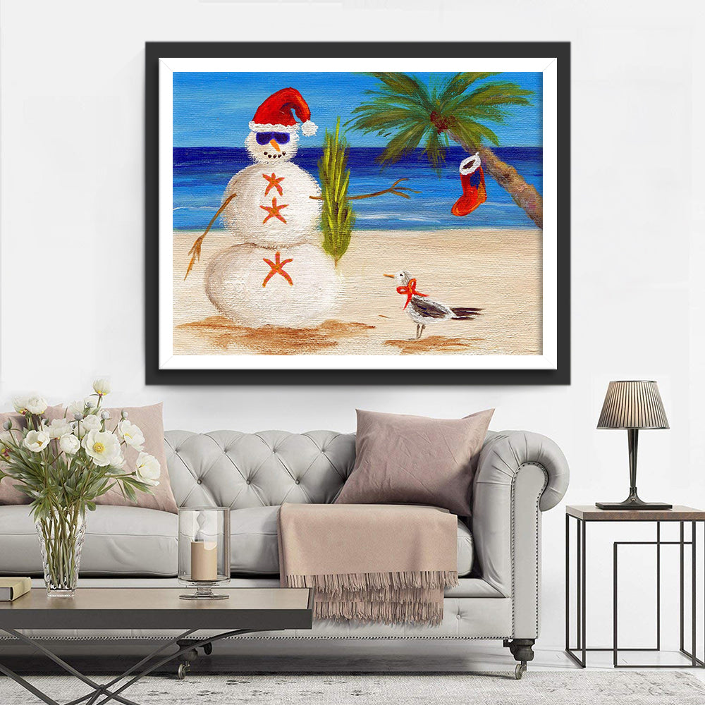Sneeuwpop in Kerstoutfit en Vogel op het Strand Diamond Painting