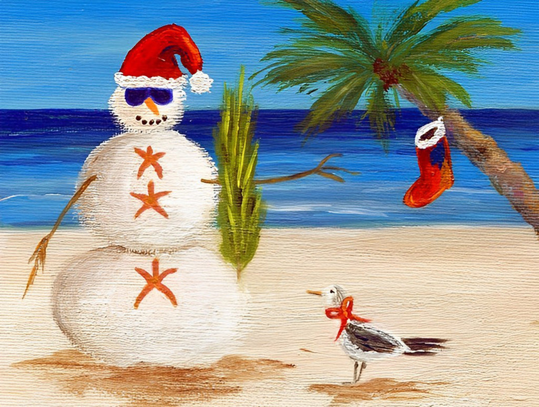 Sneeuwpop in Kerstoutfit en Vogel op het Strand Diamond Painting
