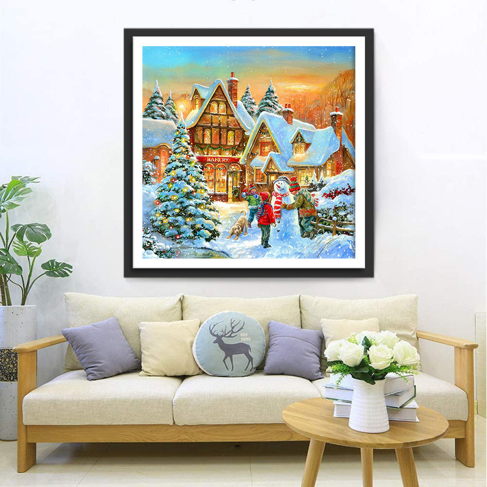 Sneeuwpop, Kind en Hond in het Sneeuwdorp bij Zonsondergang Diamond Painting