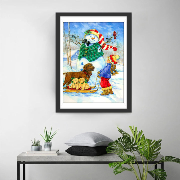 Sneeuwpop, Kinderen en Hond in Sneeuwlandschap Diamond Painting