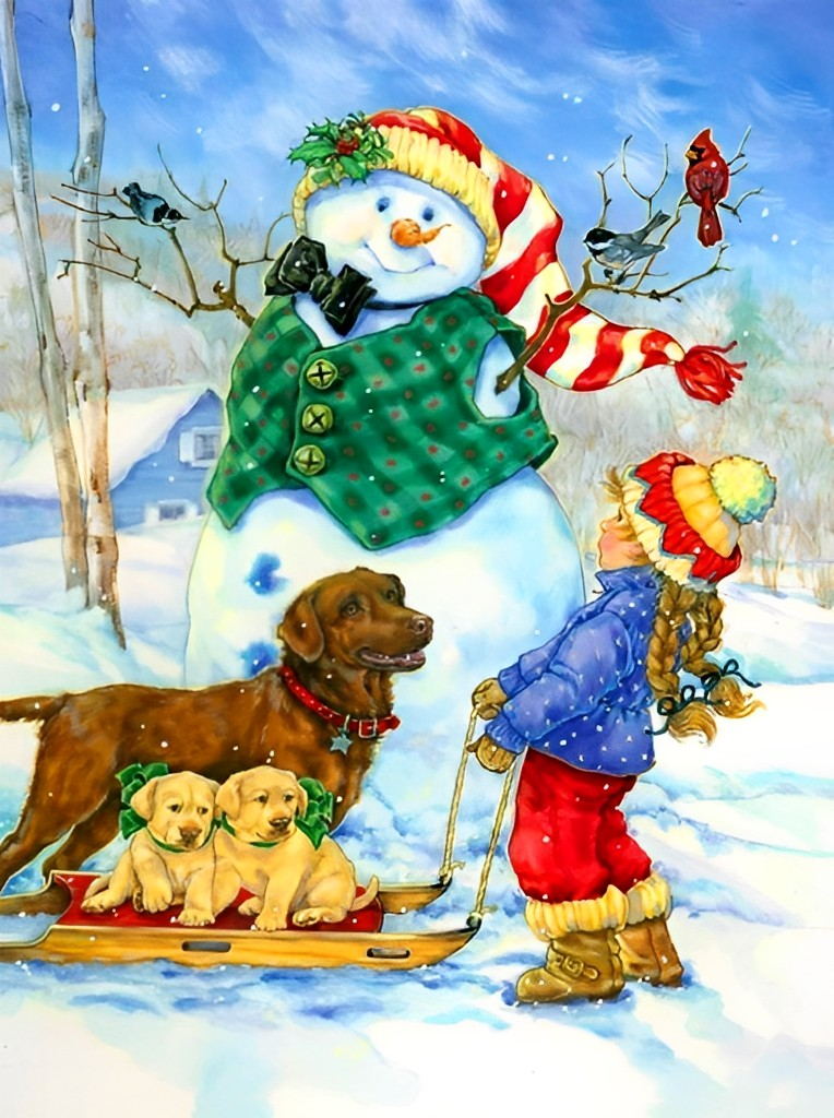 Sneeuwpop, Kinderen en Hond in Sneeuwlandschap Diamond Painting