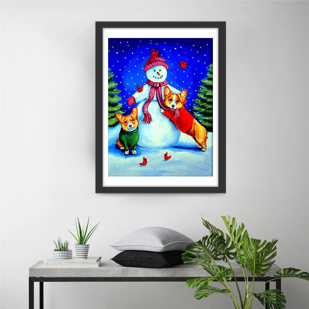 Sneeuwpop met Corgi's in Kerstsneeuw Diamond Painting